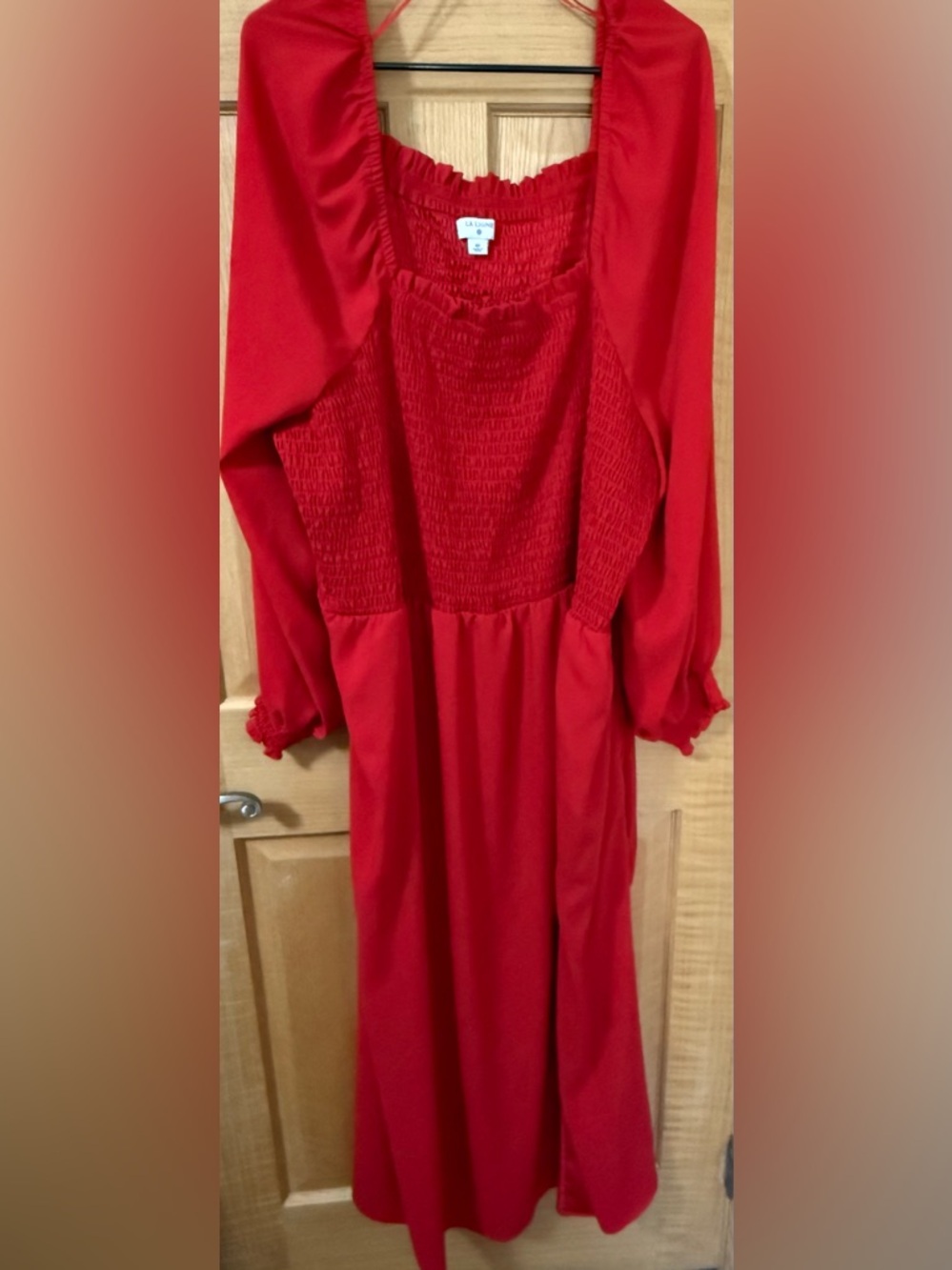 La Ligne Red Smocked Maxi Dress 4X Chiffon Sleeves Pockets Romantic Flowy